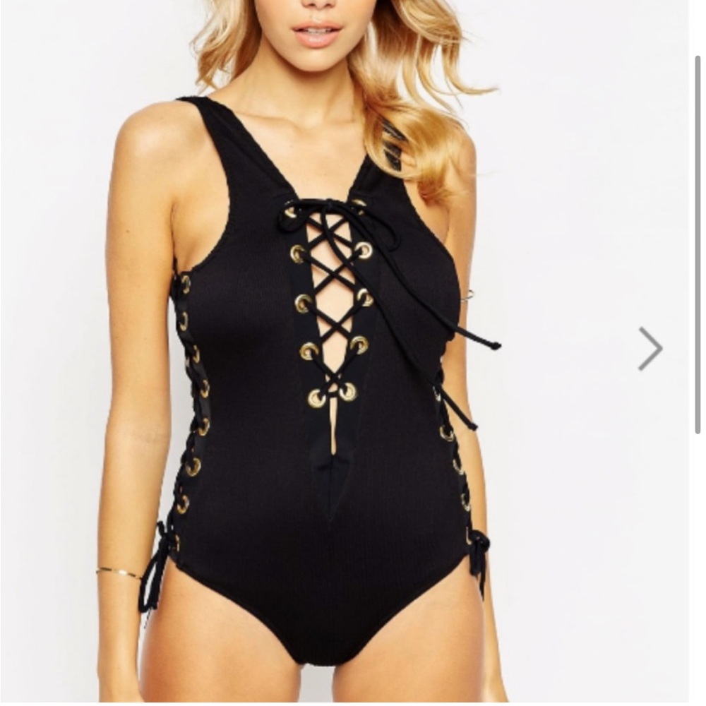 ASOS TALL Eyelet Lace Up Ribbed Plunge Swimsuit Black